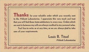 Abbott Laboratories Louis B Titzel Thank You Card 1933 Watertown South Dakota...