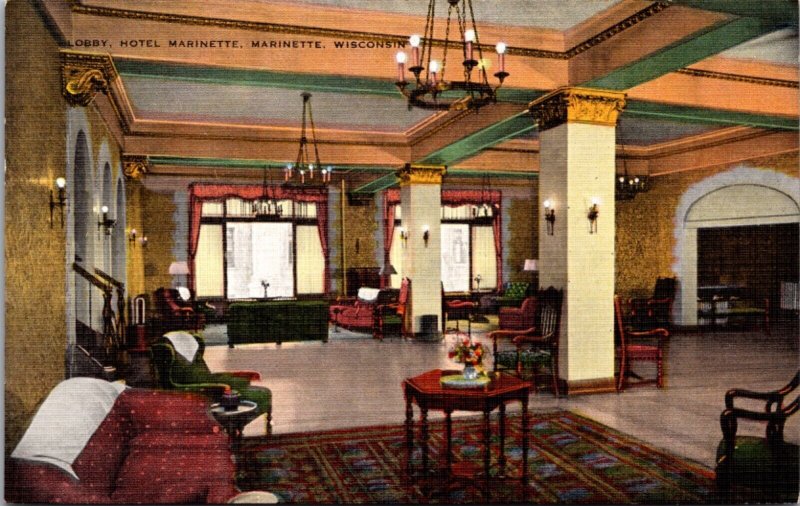 Linen Postcard Lobby at Hotel Marinette in Marinette, Wisconsin