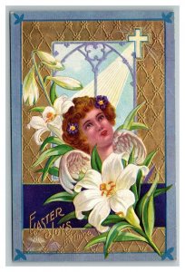 Vintage 1910's Winsch Easter Postcard Angel Gold Face White Flowers Crucifix