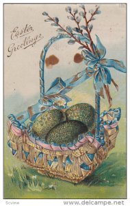 EASTER; Greetings, Basket of Decorated Green Eggs, Blue ribbon Decor, Gold ...