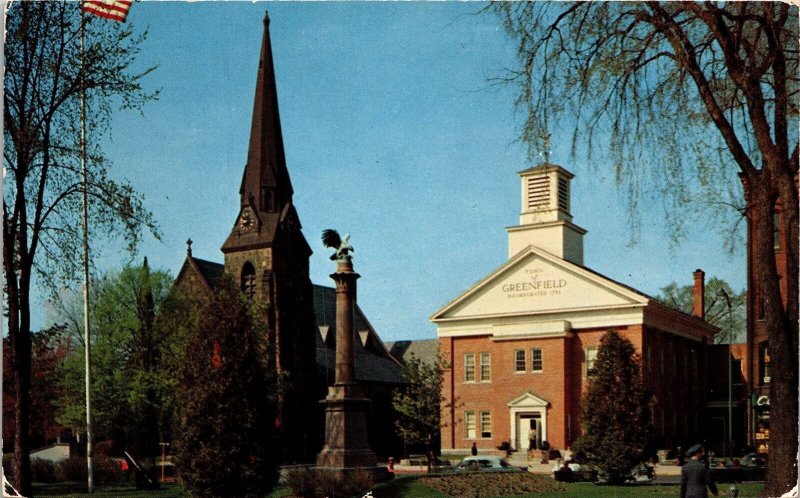 Greenfield City Common Massachusetts MA Town Hall Postcard VTG UNP Plastichrome  