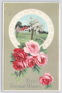 Greetings~Best Birthday Wishes~Pink & Red Roses~Farm Scene In White Frame~Vtg PC