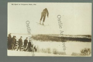 Chippewa Falls WISCONSIN RPPC c1910 SKI JUMPER Jumping MID-AIR nr Eau Claire