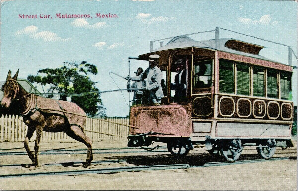 Matamoros Mexico Street Car Mule Drawn Whip Unused Postcard E80 Latin