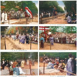 Japanese culture set of 6 Samurai horsemen's race flag battle festival postcards