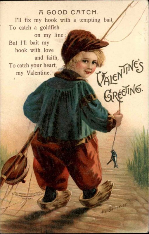 Valentine Little Boy Fishing Tiny Fish Rod & Reel GREINER c1907 Postcard