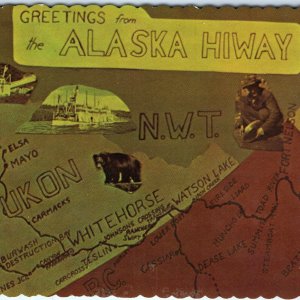 c1950s Greetings from Alaska Hiway Map Dexter Postcard Dawson City Yukon Vtg A80 