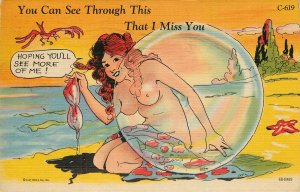 Linen Postcard Pin Up Girl You Can See Through This Bikini Top Removed C619