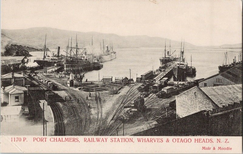 Port Chalmers Railway Station Wharves & Otago Heads NZ New Zealand Postcard G27