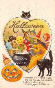 Good Luck  For Hallowe'en Spooky Characters Gather Around Cauldron, Black Cats,