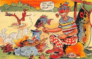 Ray Walters Comic Fishing Camping Campfire 1949 Linen Vintage Postcard