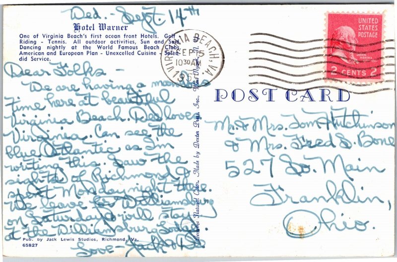 Postcard VA Virginia Beach Hotel Warner