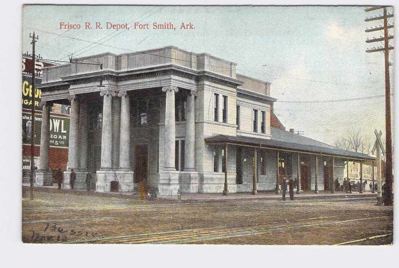 PPC POSTCARD ARKANSAS FORT SMITH FRISCO RR DEPOT RAILROAD OWL CIGAR ADVERTISMENT