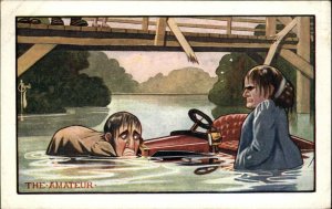 C. Ryan Comic Auto Car Crash Off Bridge Angry Wife THE AMATEUR c1910 Postcard