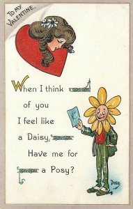 Embossed Valentines Day Postcard 402 S/A Dwig Daisy Man Looks at Heart Woman