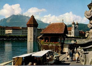 Switzerland Luzern Wasserturm Kapellbruecke Jesuitenkirche und Pilatus 1967