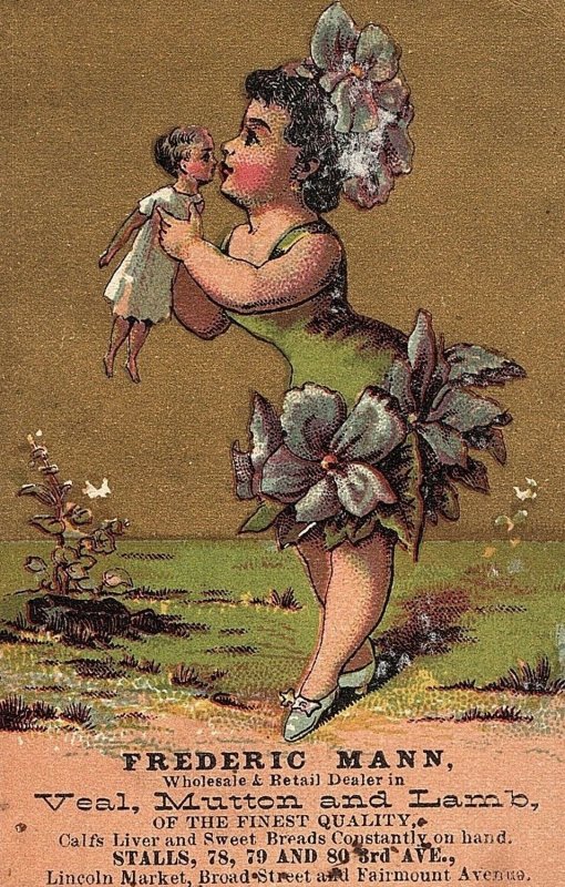 1880's Frederic Mann Lovely Girl Flower Dress Victorian Trade Card P134