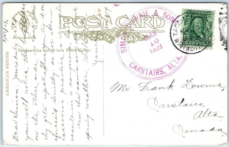 c1910s Carstairs, Alberta, Canada Purple Cancel Simon Downie & Son Postcard A172