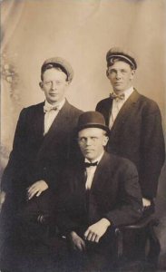 Three Gentlemen With Bow Ties & Hats Posing For Picture Real Photo