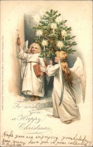 Tuck Christmas Beautiful Little Girl Angels at Tree 1902 Cancel Vintage Postcard