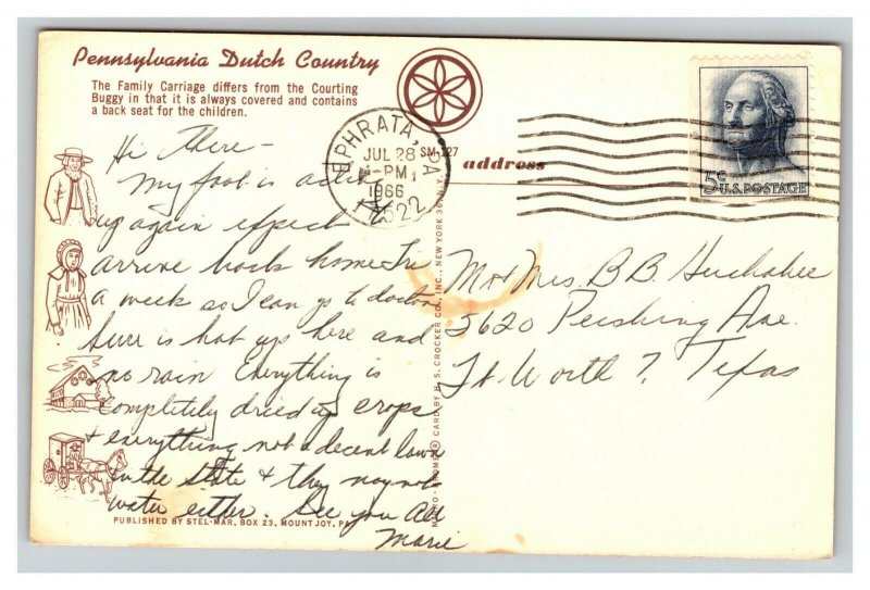 Vintage 1966 Postcard Greetings From Pennsylvania Dutch Country Amish Carriage