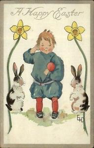 ELLEN F DREW EASTER Little Child w Smiling Flowers FANTAS...