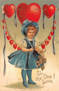 VALENTINE HOLIDAY GIRL HEARTS TO THE ONE I LOVE EMBOSSED POSTCARD 1909