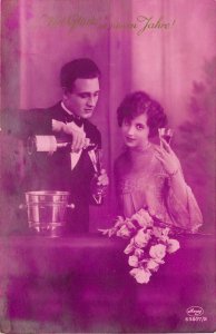 Purple RPPC Postcard 63807/2 Lovers with Champagne German Happy New Year 1920s