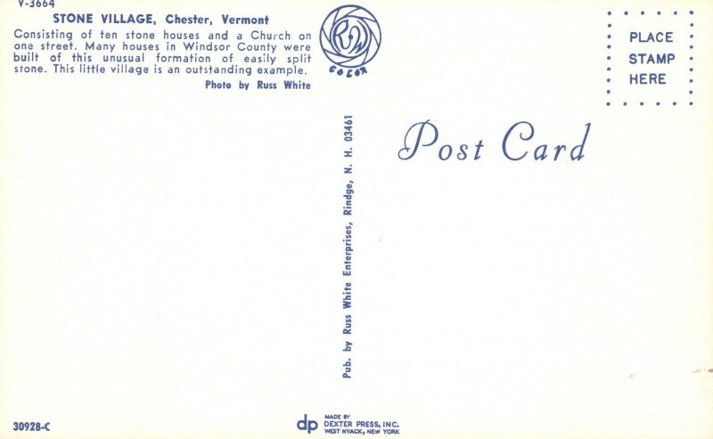 Postcard Stone Little Village Ten Stone Houses & Church Chester Vermont VT