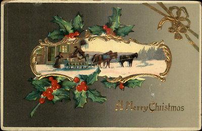 CHRISTMAS Horse Drawn Sleigh Holly Border c1910 GEL Postcard