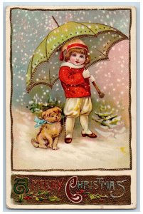 Rushford MN Postcard Christmas Little Boy Cute Dog Winter Berries Gel Gold Gilt