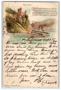 1895 Steamboat Castle Rheinstein Greetings from the Rhine Germany Postcard