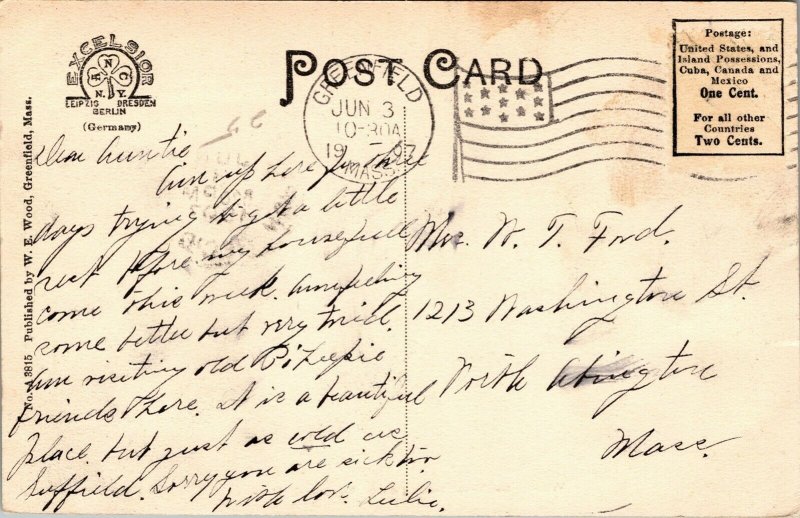 Vtg Greenfield MA West Main Street View Looking East Residential 1907