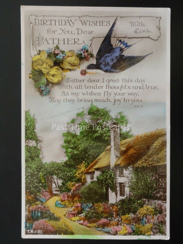 Greeting DEAR FATHER Birthday Wishes SWALLOW COTTAGE c1932 RP Postcard by Rotary