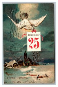 Vintage 1908 Christmas Postcard Dove Carries Calendar by Red Ribbon