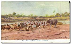 Old Postcard Elephant Expedition by the river in India