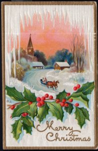 Merry Christmas Horses and Sleigh Winter Scene and Holly Embossed - pm1911 - DB