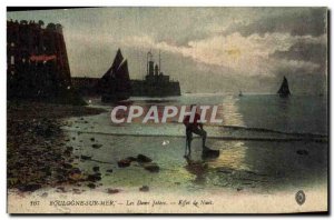 Old Postcard Boulogne Sur Mer The two piers Boat Night Effect