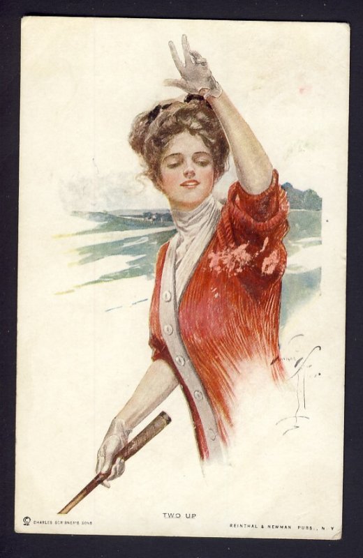 TWO UP #108 R&N woman holds tennis racquet?,  HARRISON FISHER artist