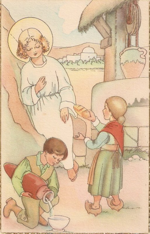 Children offer food to Child Jesus Lovely Spanish religious Postcard 1940s