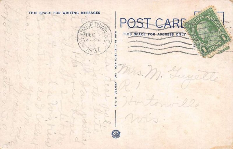 Georgetown South Carolina Post Office White Border Lithograph Vintage PC U4574