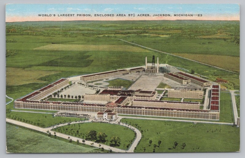 Prison~Jackson MI~Aerial View Worlds Largest Prison~57 ½ Acres~Vintage Linen PC 