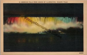 American Falls from Canada By Illumination Niagara Falls Postcard PC353