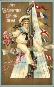 VALENTINE Little Boy Sailor on Rigging MULTIPLE FLAGS Embossed c1910 PC