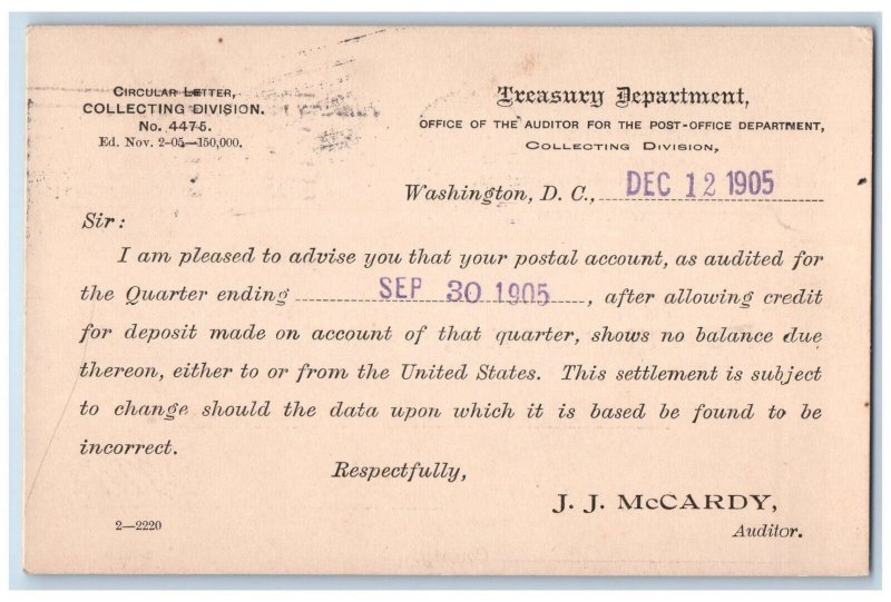 1905 Treasury Department US Government Audit Washington DC Post Office Postcard