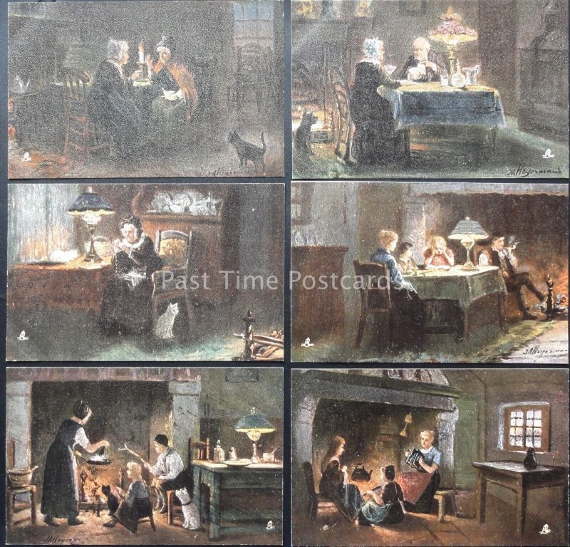 Raphael Tuck Set of 6 FIRELIGHT EFFECTS Series 9016 Artist J.A. HEYERMANS c1903