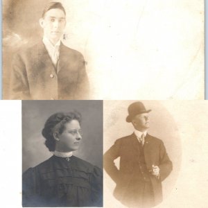 x3 LOT x1900s UDB Portrait Half Front RPPC Men Woman Real Photo Postcards A175