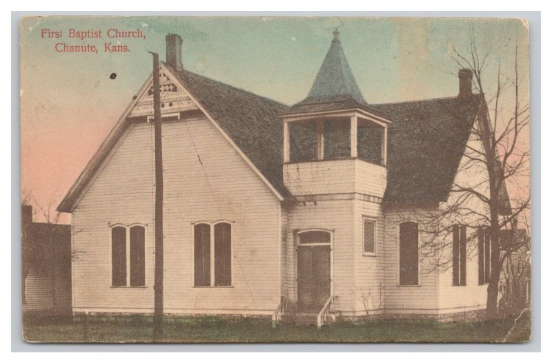 Postcard First Baptist Church Chanute Kans. Kansas c1909 Postmark