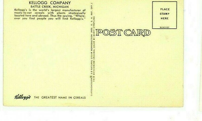 Postcard Kellogg Company in Battle Creek, MI.        Q6