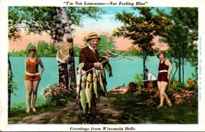 Wisconsin Dells Greetings Fishing Sceene Man With Days' Catch and Two Be...